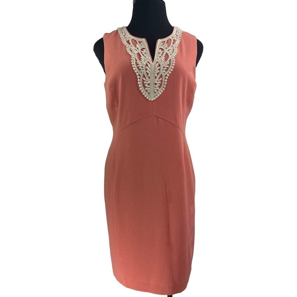 Sharagano Pink Coral Embroidered Neckline Sleeveless Casual Dress Size 16